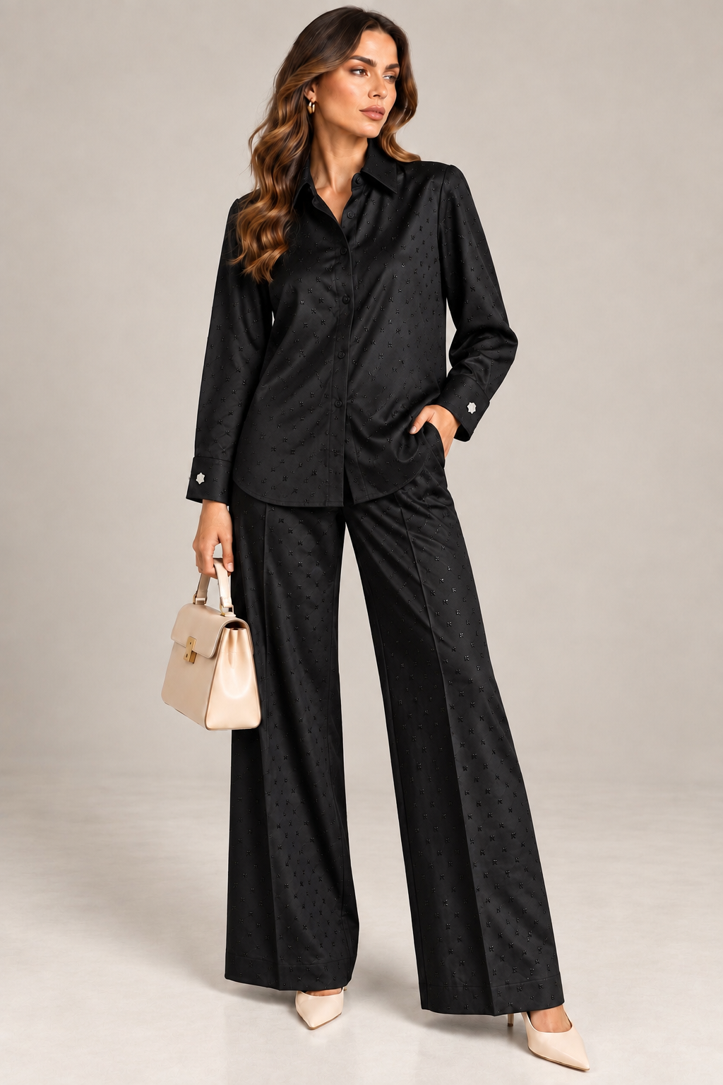 Modella indossa completo donna Pelota nero Tiffosi, camicia over e pantalone palazzo a vita alta