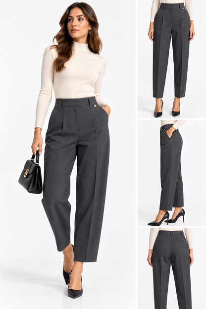 Collage del pantalone donna sartoriale 026 grigio scuro indossato, con viste frontale, laterale e posteriore.