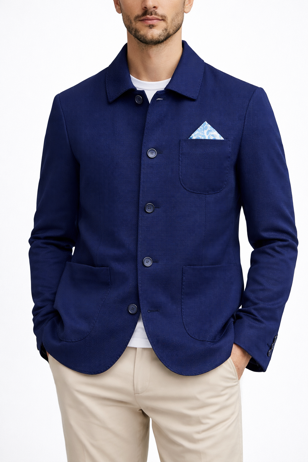 Giacca uomo 657 Moro blu scuro – vista frontale con fazzoletto da taschino – Made in Italy Frarò
