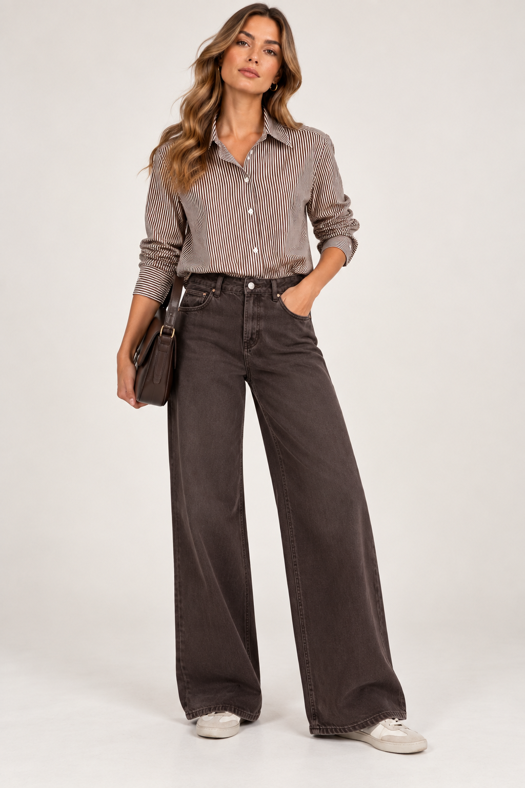 Outfit completo con jeans wide leg donna marrone Tiffosi Celine abbinati a camicia Marao e snekers bianca– look casual chic donna