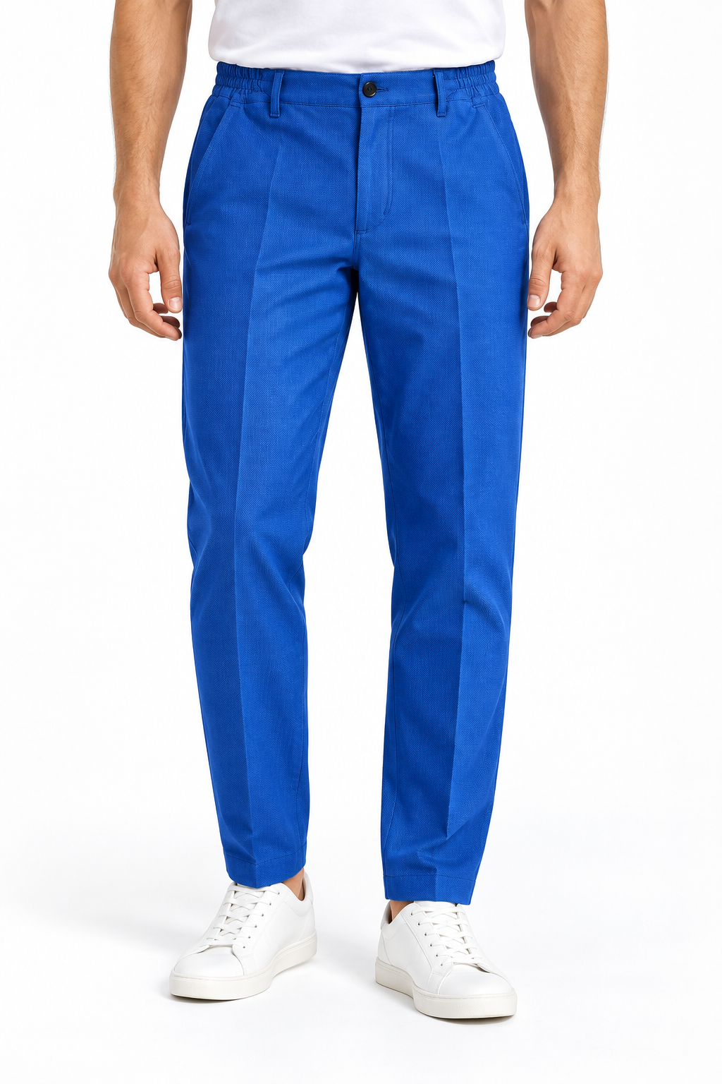 Pantalone uomo armaturato invernale Moro blu ice, indossato, vista frontale con chiusura a bottone e passanti
