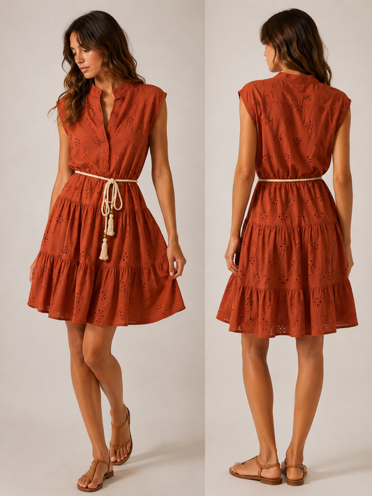 Abito Charlotte Donna in cotone effetto pizzo colore arancio -
vista frontale e posteriore indossato da modella - Frarò