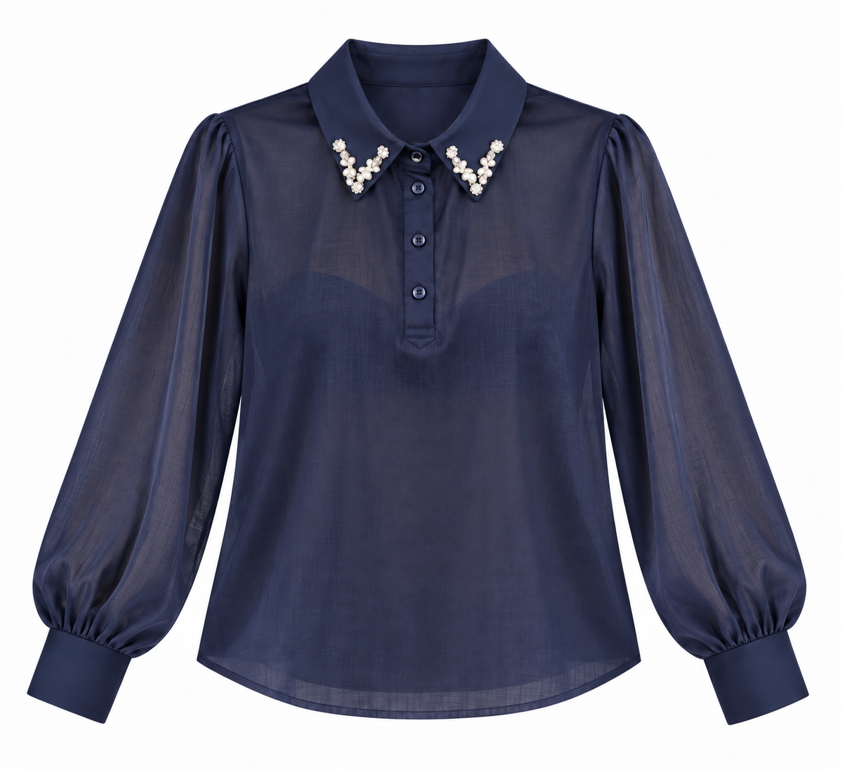 Camicia donna a polo 152 blu non indossata, vista frontale con colletto gioiello, bottoni e maniche lunghe.