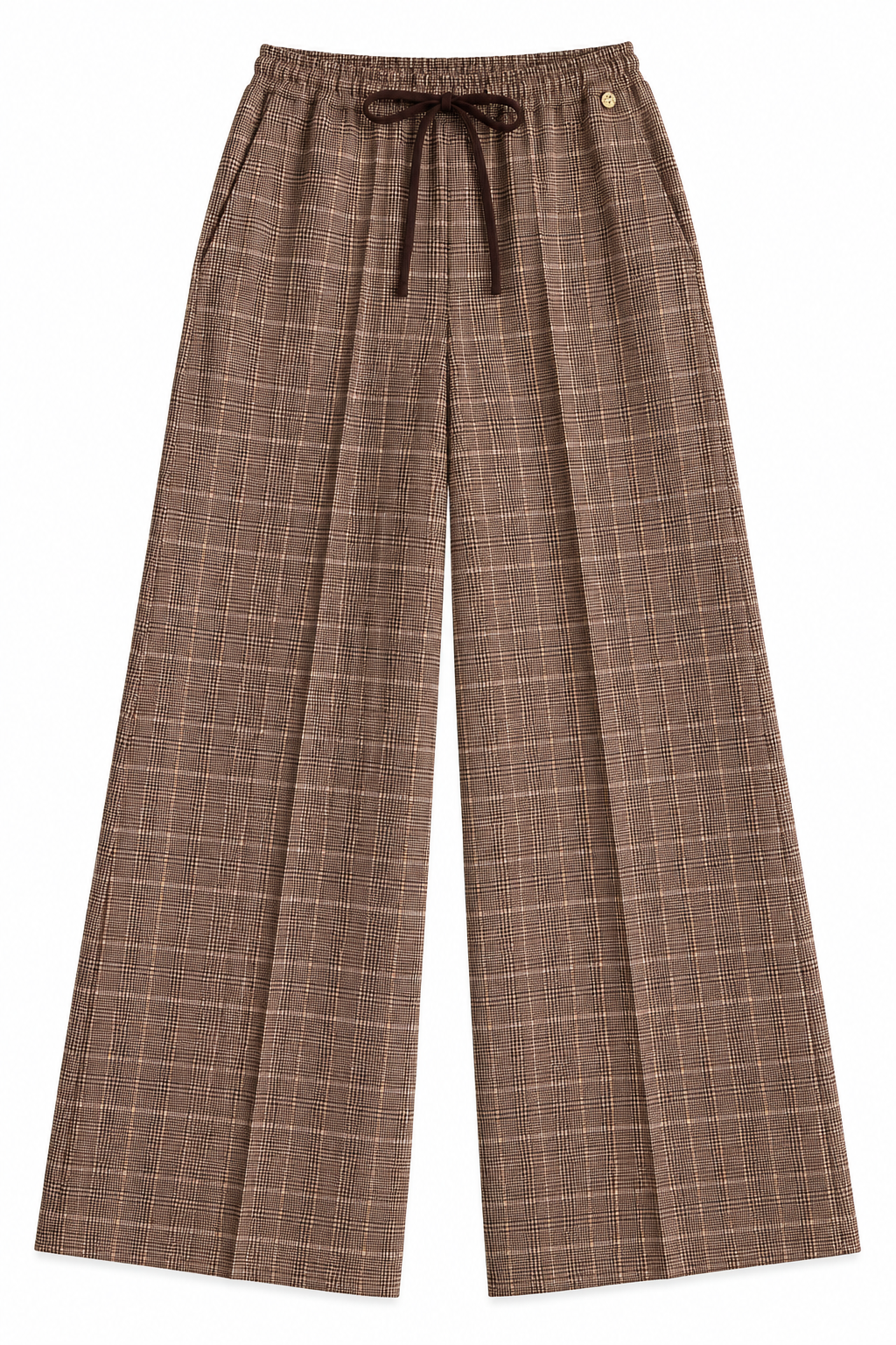 Pantalone palazzo del tailleur donna a quadri 511 non indossato, vista frontale con elastico e laccetto in vita.