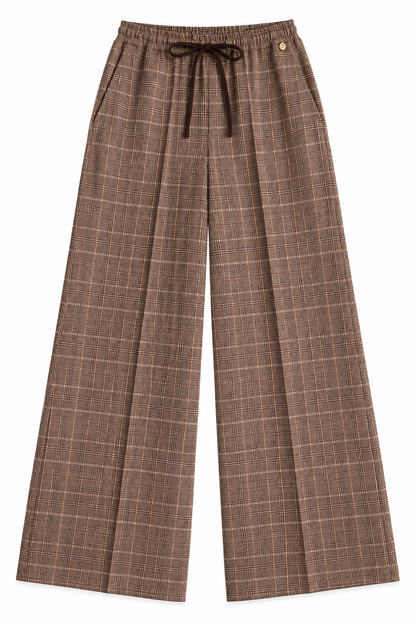 Pantalone palazzo del tailleur donna a quadri 511 non indossato, vista frontale con elastico e laccetto in vita.