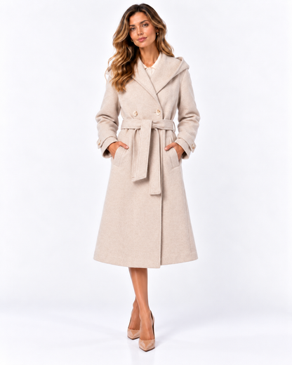 Cappotto donna Collusion Tiffosi panna indossato, vista frontale con cintura annodata e chiusura doppiopetto.