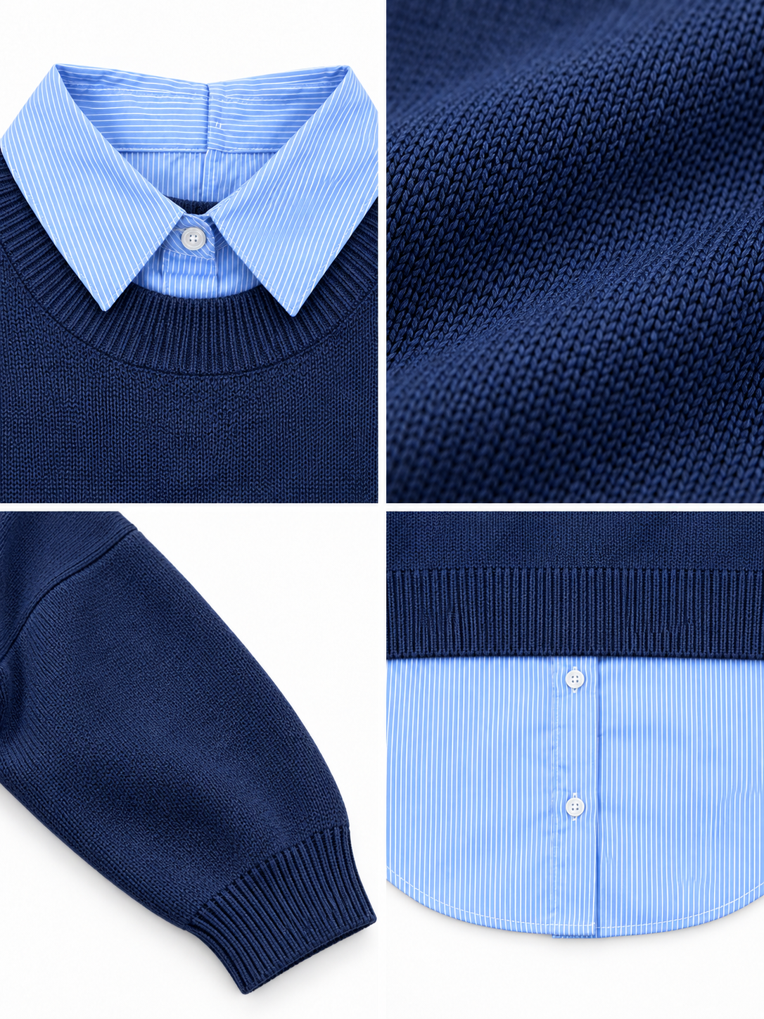 Collage dei dettagli del maglione donna Mixed blu: colletto, trama della maglia, manica e fondo effetto camicia.