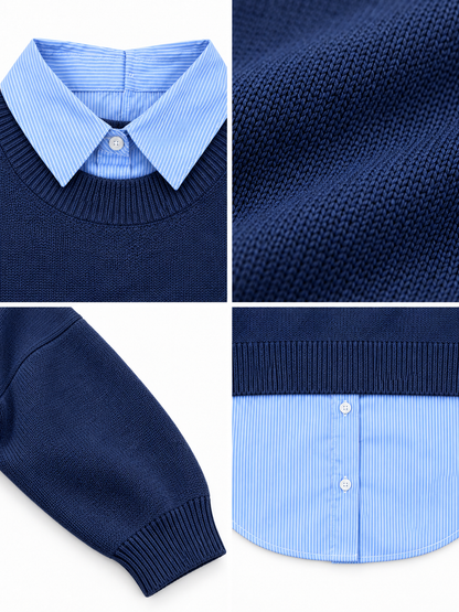 Collage dei dettagli del maglione donna Mixed blu: colletto, trama della maglia, manica e fondo effetto camicia.