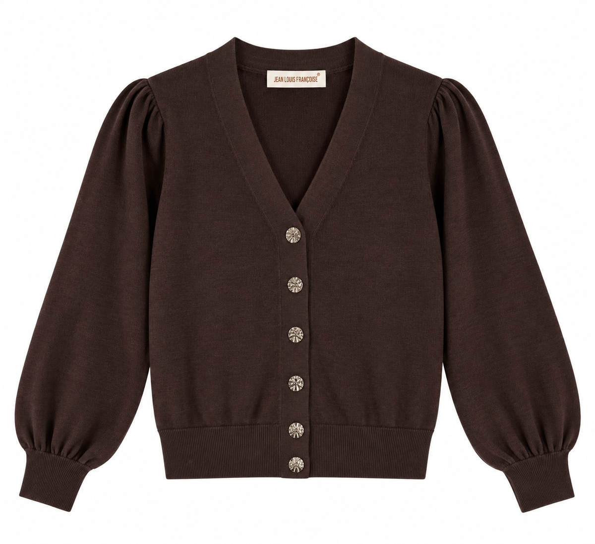 Cardigan donna 301 color cioccolato su fondo bianco, con scollo a V, bottoni gioiello dorati, maniche lunghe a sbuffo e fondo elasticizzato.