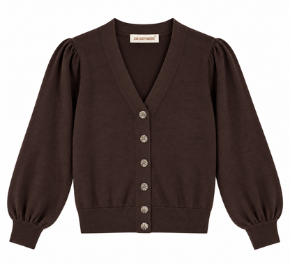Cardigan donna 301 color cioccolato su fondo bianco, con scollo a V, bottoni gioiello dorati, maniche lunghe a sbuffo e fondo elasticizzato.