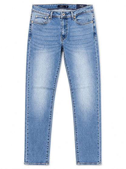 Jeans uomo Tiffosi Dylan_125 blu chiaro stesi su fondo bianco, vista frontale con bottone, cinque tasche e lavaggio sfumato.