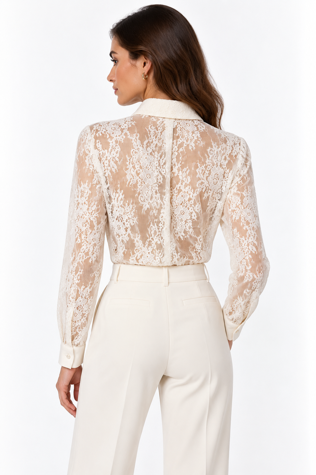 Camicia donna panna Magramè con lavorazione traforata floreale, vista posteriore