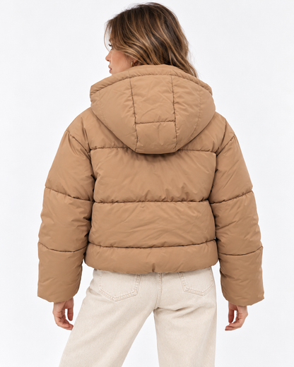 Giubbotto donna piumino donna Stutz Tiffosi camel indossato, vista posteriore con cappuccio