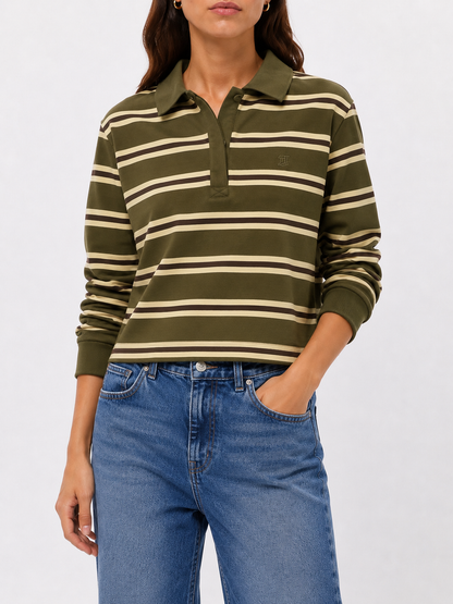 Felpa donna Pain Tiffosi verde scuro stile rugby, con righe bianche e beige, colletto polo, maniche lunghe e taglio cropped
