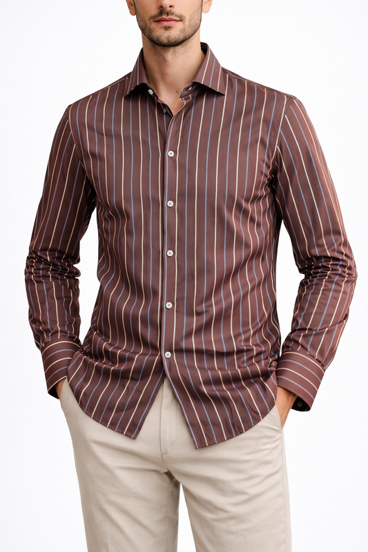 "Camicia uomo marrone a righe - vista frontale completa - indossata da modello