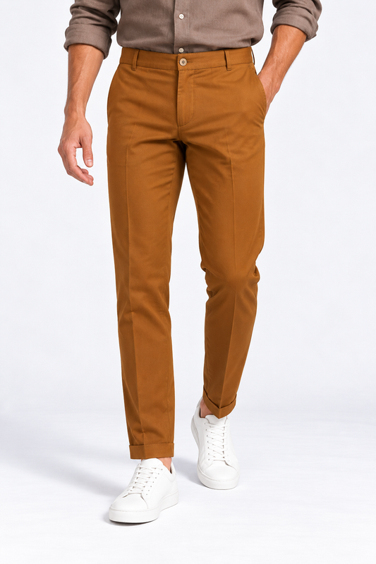Pantaloni eleganti marroni da uomo Frarò, tessuto pregiato, stile moderno, Made in Italy vista frontale indossato