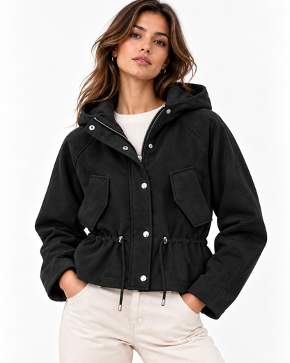 Giubbino donna Charlotte Tiffosi nero con cappuccio, indossato, vista frontale.