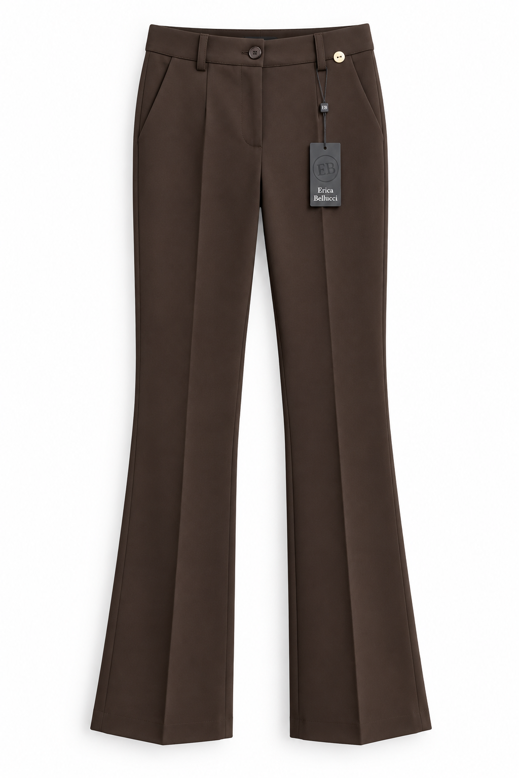 Pantalone donna a zampa Erica Bellucci color cioccolato, vista frontale con pieghe, tasche e cartellino.