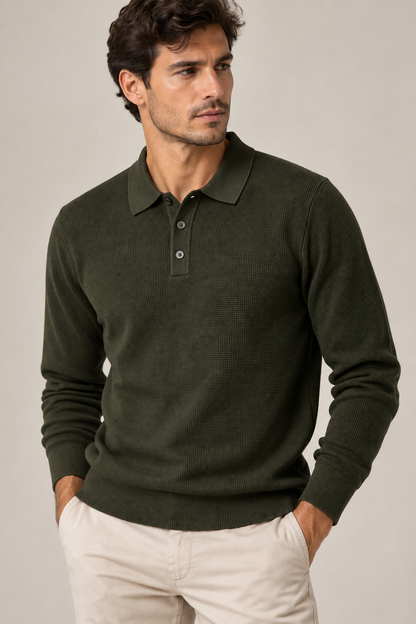 Polo uomo Tiffosi Wiser verde militare a manica lunga, vista frontale indossata