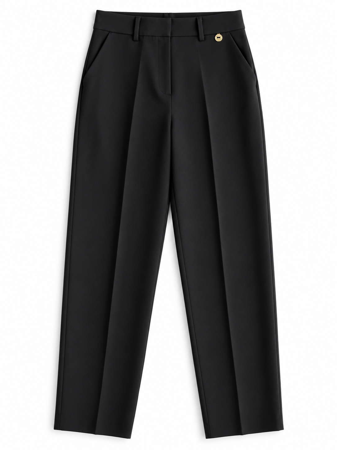 Pantalone donna sartoriale 026 nero non indossato, vista frontale con passanti in vita, pieghe e tasche laterali.