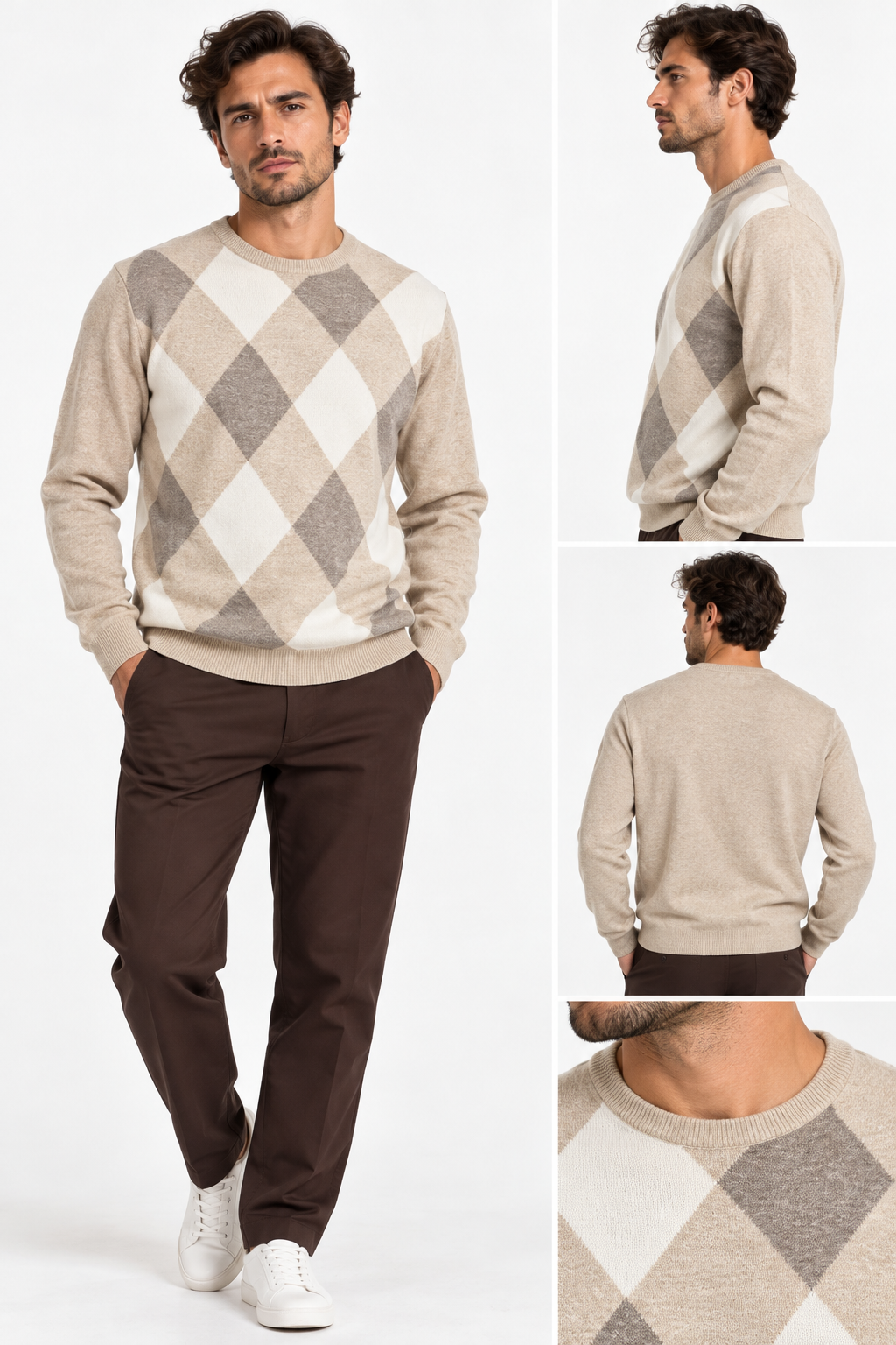 Maglione uomo Moro beige indossato: viste frontale, laterale e posteriore, con dettaglio del girocollo e del motivo a rombi.
