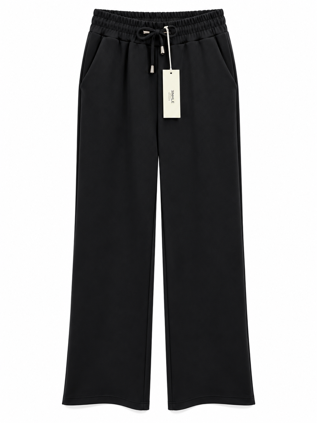 Pantalone donna wide leg nero Ehnlè Milano, vista frontale con vita elasticizzata, laccetto e tasche.