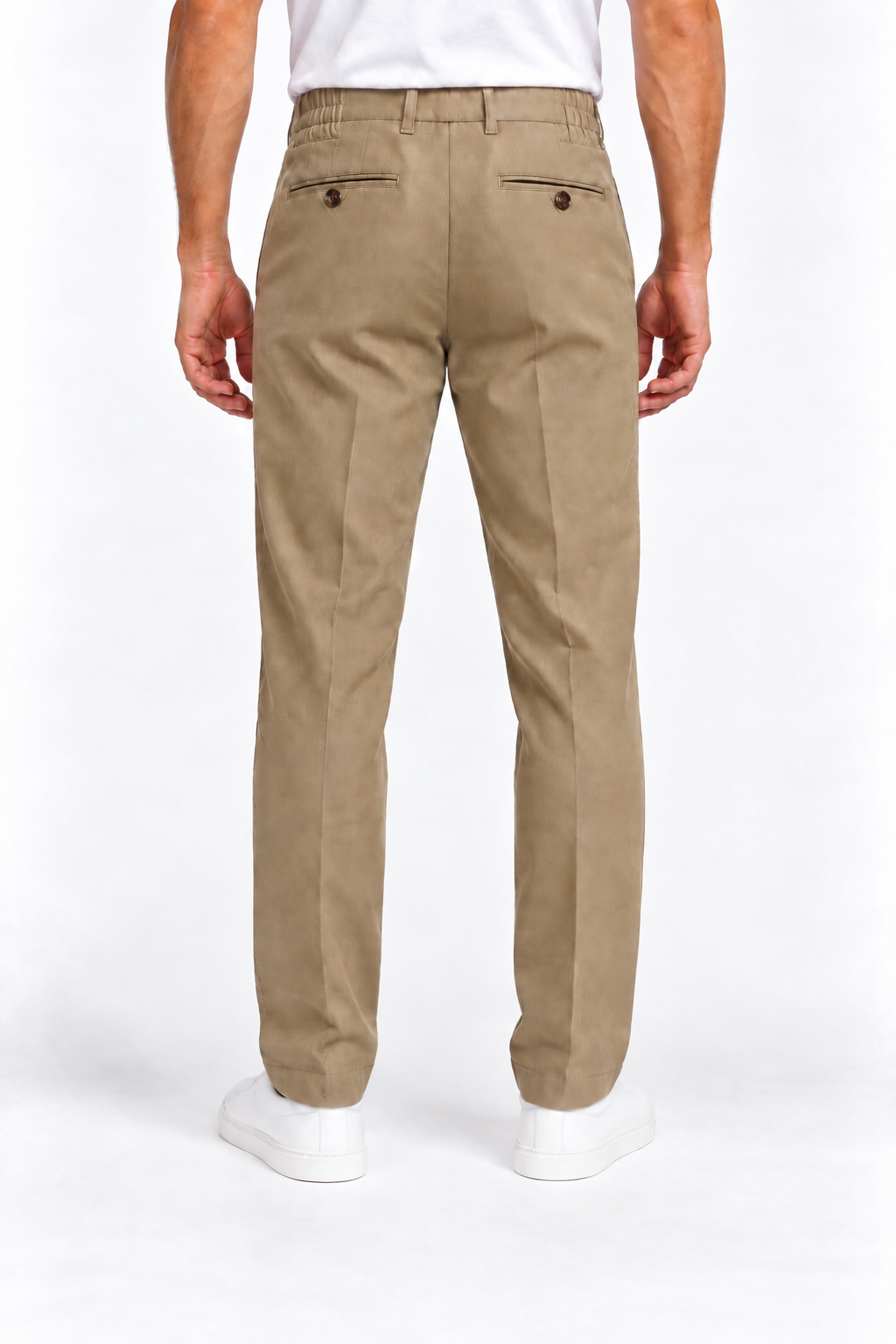 Pantalone uomo armaturato invernale Moro bruciato, indossato, vista posteriore con tasche a filetto e bottoni
