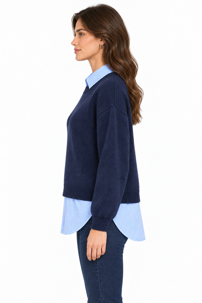 Maglione donna Mixed Tiffosi blu, vista laterale con spalla scesa e fondo camicia arrotondato.