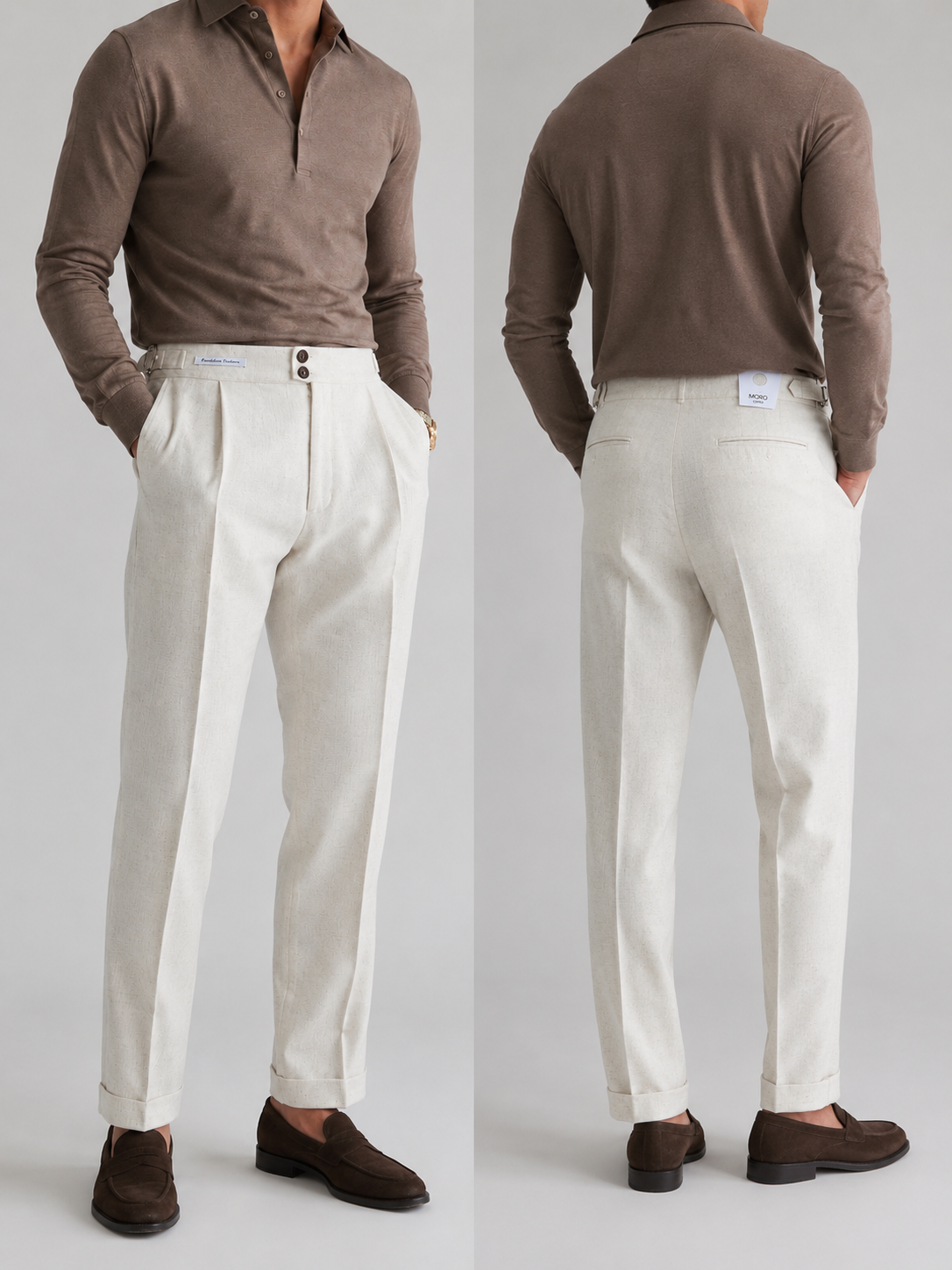 Pantalone uomo MES vista laterale completa indossato da modello, tessuto lino viscosa colore panna con micro punti safari – Frarò