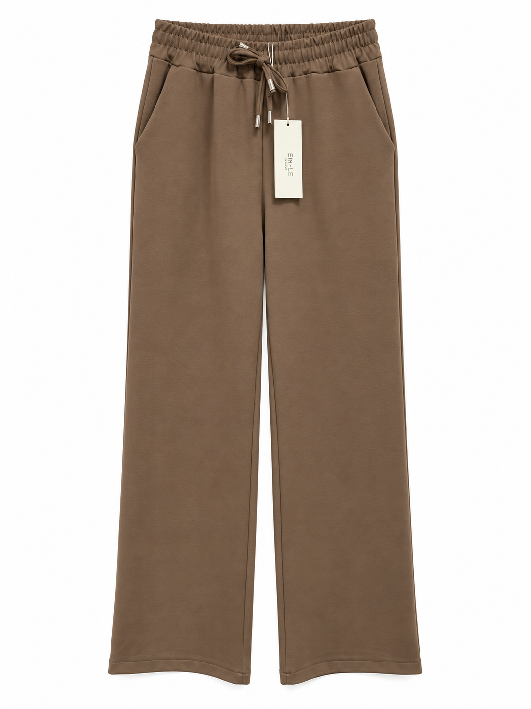 Pantalone donna wide leg camel Ehnlè Milano, vista frontale con vita elasticizzata, laccetto e tasche.