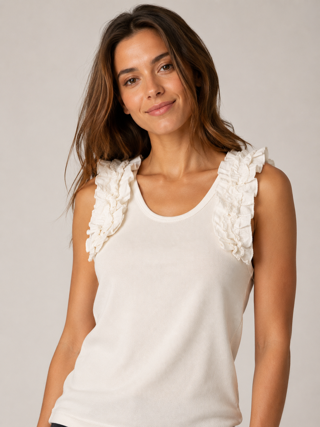 Canotta donna a coste con rouge alle spalle colore panna - dettaglio rouge spalle - taglia unica fino alla 46 - Frarò
