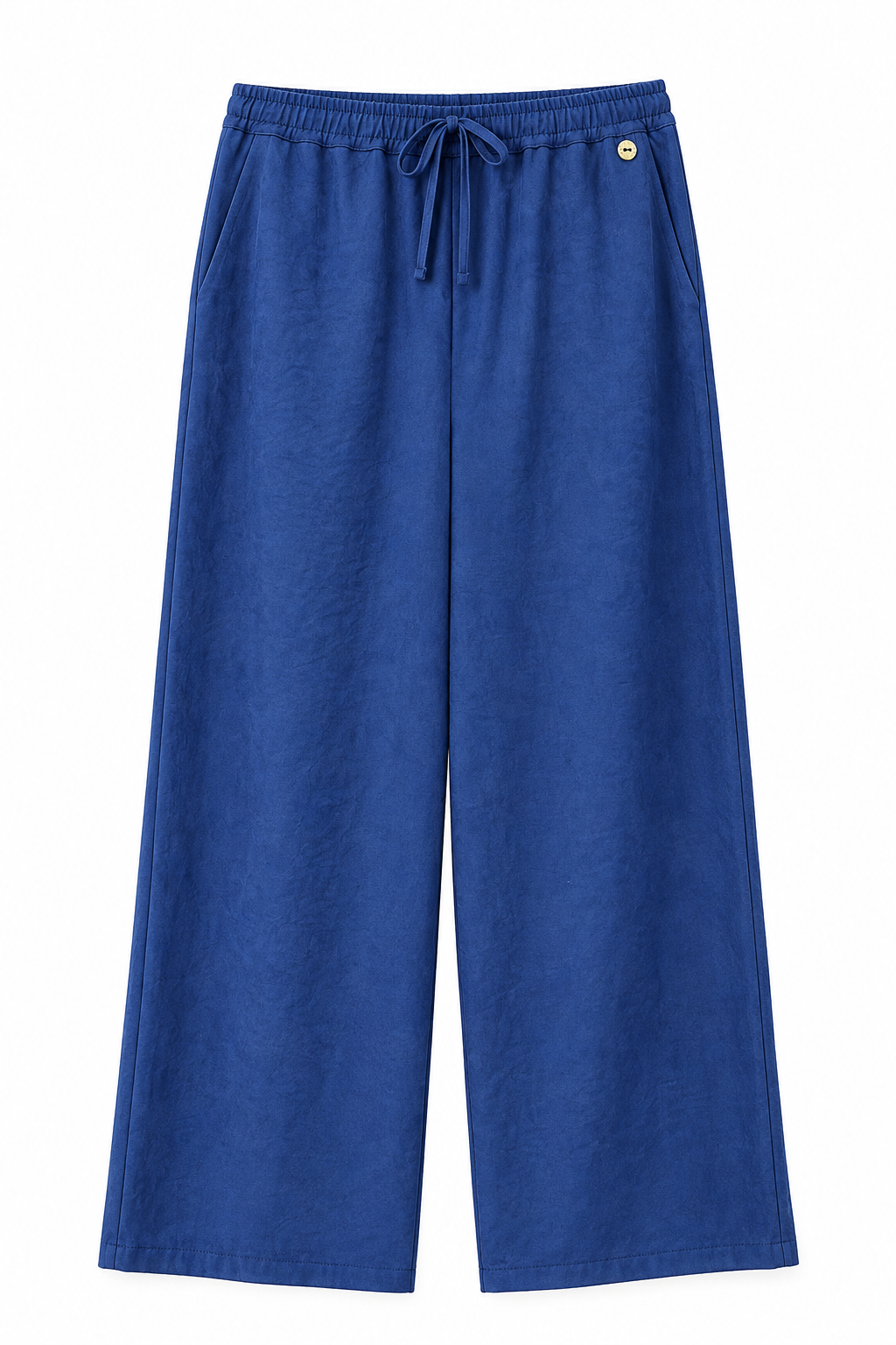 Pantalone wide leg bluette del completo donna 136, vista frontale con vita elasticizzata, laccetto e tasche laterali