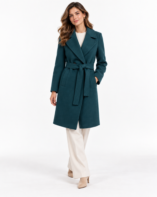 Cappotto donna Curtis Tiffosi verde bottiglia indossato, vista frontale con cintura in vita.