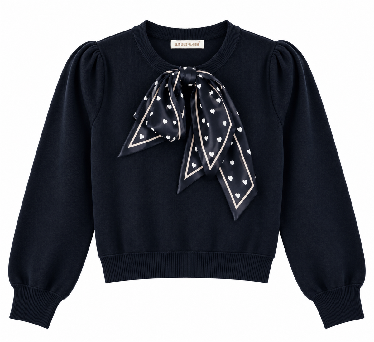 Maglia donna 894 nera su fondo bianco, con girocollo, spalle arricciate, maniche lunghe e foulard nero a cuori bianchi annodato sul davanti.