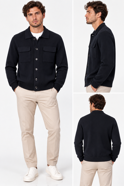 “Cardigan uomo 501 Moro nero indossato, composizione con viste frontale, laterale e posteriore”