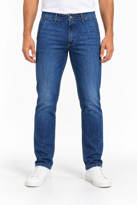 Jeans uomo tasca america MJ Moro in denim blu, vista frontale indossata con sneakers bianche.