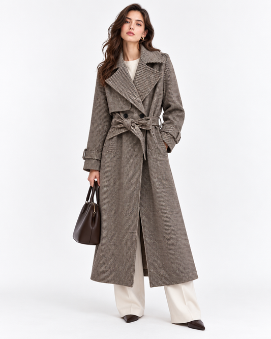 Cappotto lungo donna Candeem Tiffosi a microquadri marrone e beige, indossato frontalmente con cintura annodata in vita.
