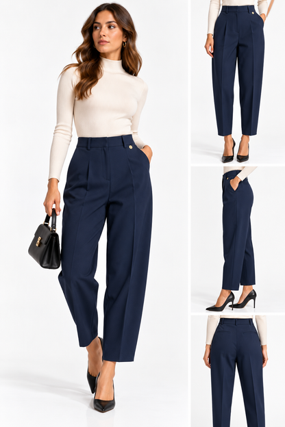 Collage del pantalone donna sartoriale 026 blu scuro indossato, con viste frontale, laterale e posteriore.