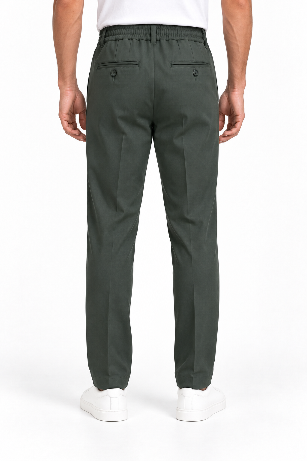 Pantalone uomo punto Milano verde scuro, vista posteriore con vita elasticizzata e tasche a filetto con bottone.