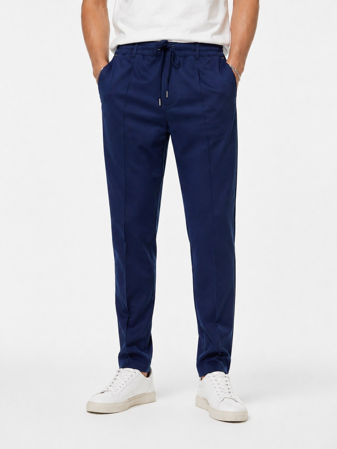 Pantalone uomo punto Milano in blu vista frontale - indossato - Made in Italy Frarò