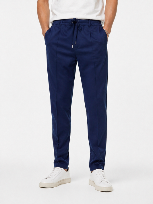Pantalone uomo punto Milano in blu vista frontale - indossato - Made in Italy Frarò