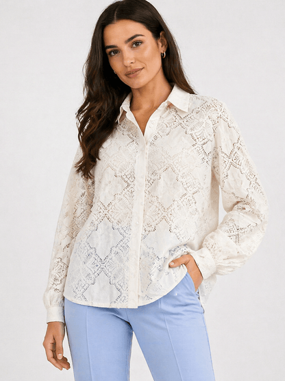 Camicia donna traforata effetto pizzo color panna – manica lunga collo alla francese – Erica Bellucci Made in Italy

