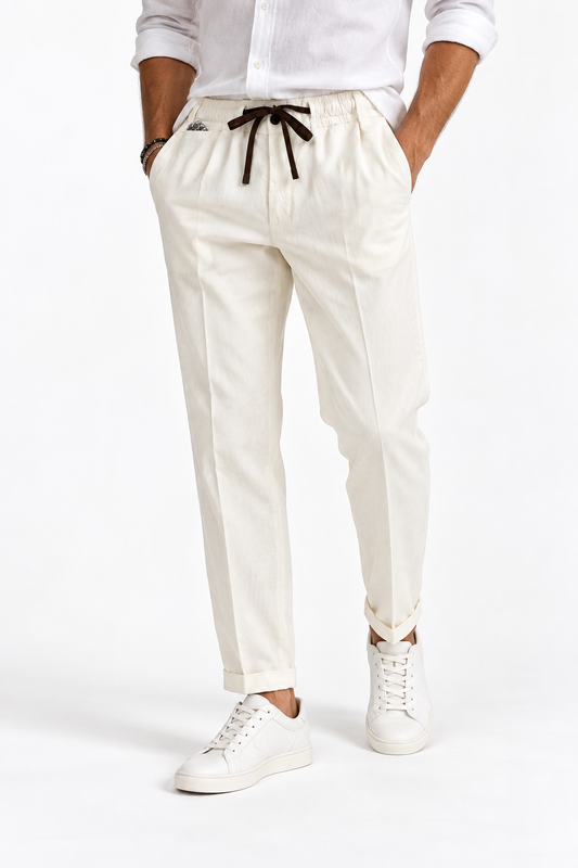 Pantalone uomo lino e cotone panna estivo vista frontale - indossato da modello - Made in Italy Frarò
