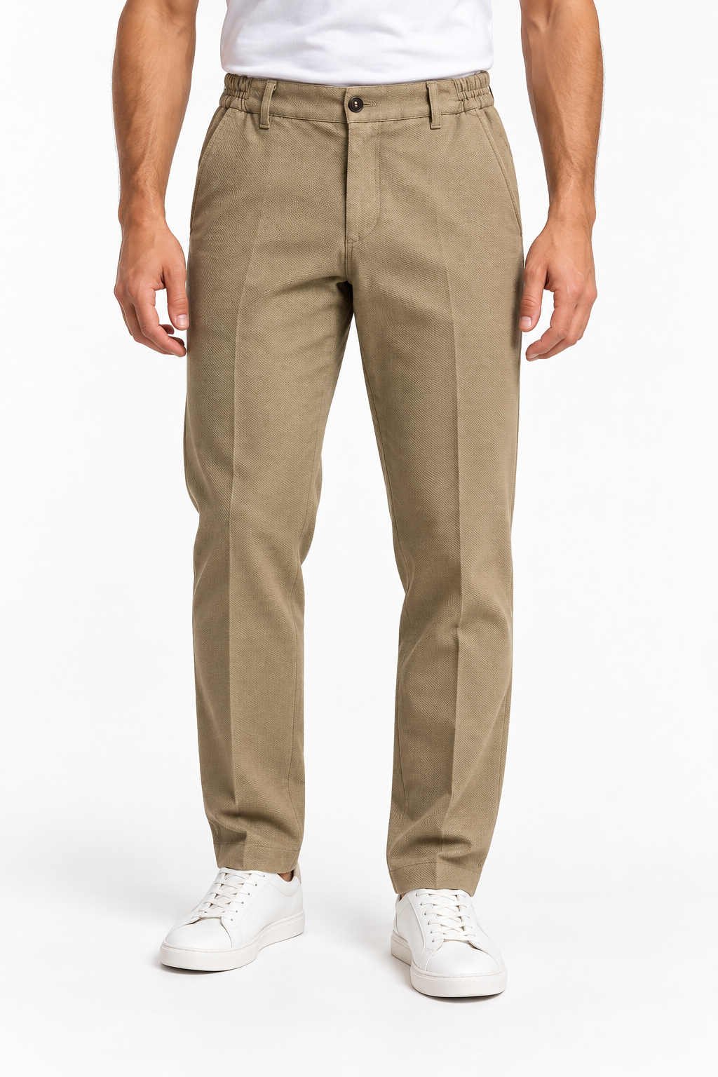 Pantalone uomo armaturato invernale Moro bruciato, indossato, vista frontale con elastico laterale in vita
