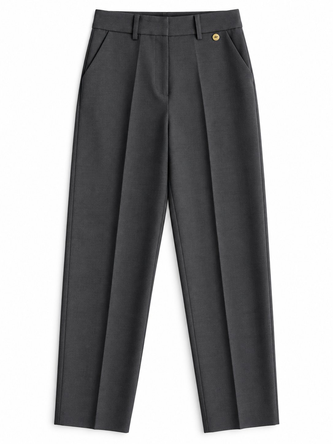 Pantalone donna sartoriale 026 grigio scuro non indossato, vista frontale con vita alta, pieghe e tasche laterali.