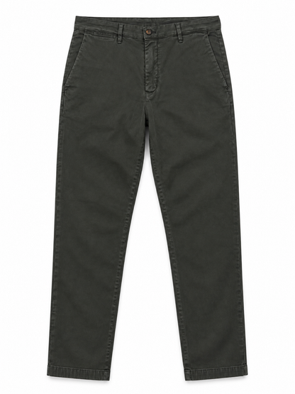Pantalone uomo invernale Moro 705 in tonalità scura, vista frontale del capo steso con bottone, passanti e tasche all'americana.