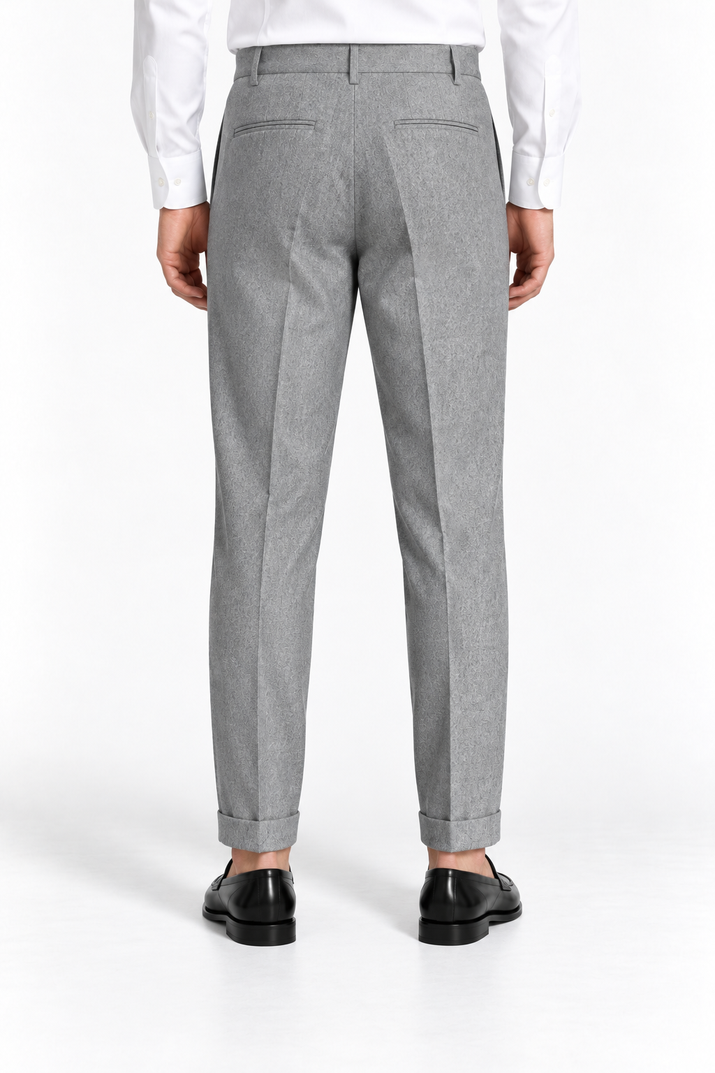 Pantalone uomo sartoriale 748 Moro grigio, indossato, vista posteriore con tasche a filetto