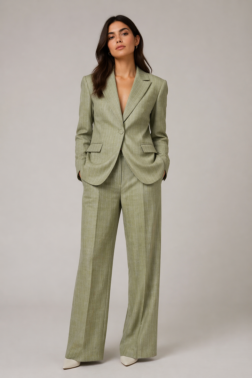 Tailleur gessato donna verde Erica Bellucci – coordinato completo blazer e pantalone palazzo - indossato da modella - total look vista frontale