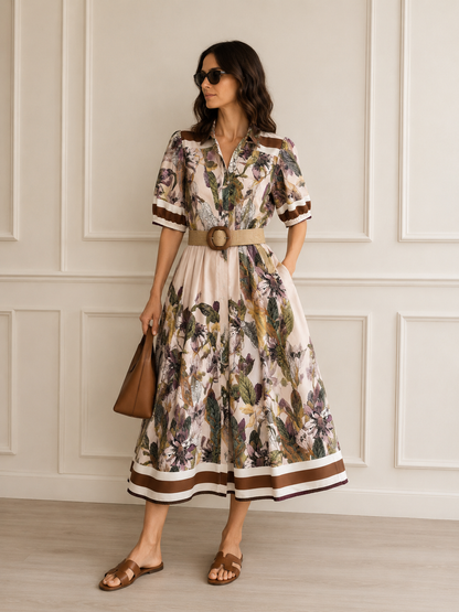 Abito donna cotone fantasia botanica panna, vista frontale idossato da modella, collo coreana scollo a V con bottoni, mezza manica a righe marroni, gonna midi ampia, Made in Italy
