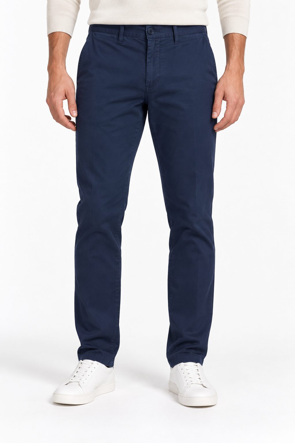 Pantalone uomo Moro 01S blu scuro slim fit, vista frontale indossato.